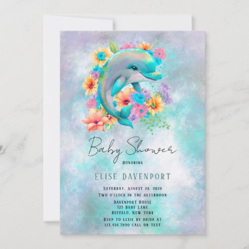 Watercolor Cute Dolphin and Florals Baby Shower  Invitation