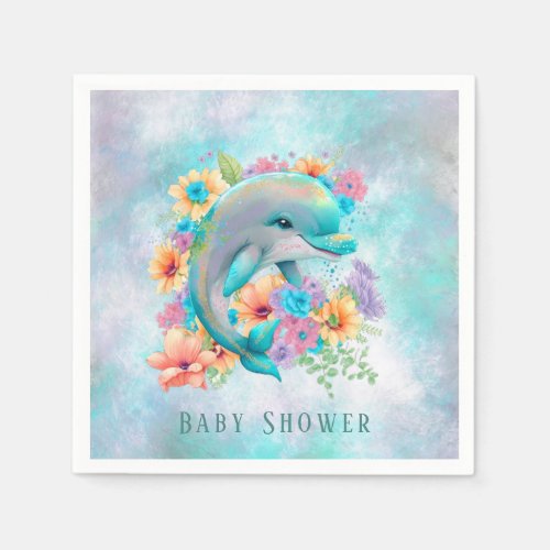 Watercolor Cute Dolphin and Florals Baby Shower Napkins