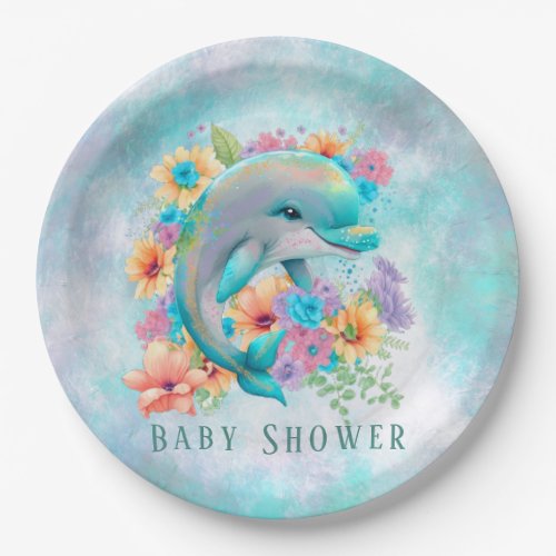 Watercolor Cute Dolphin and Florals Baby Shower Paper Plates