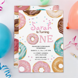 watercolor cute donuts 1st birthday invitation