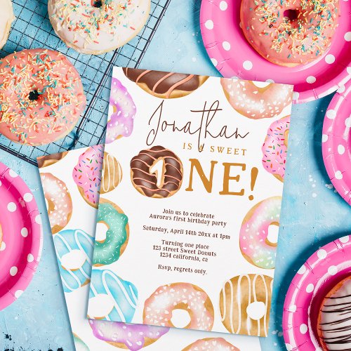 watercolor cute donuts Sweet One  1st birthday Invitation