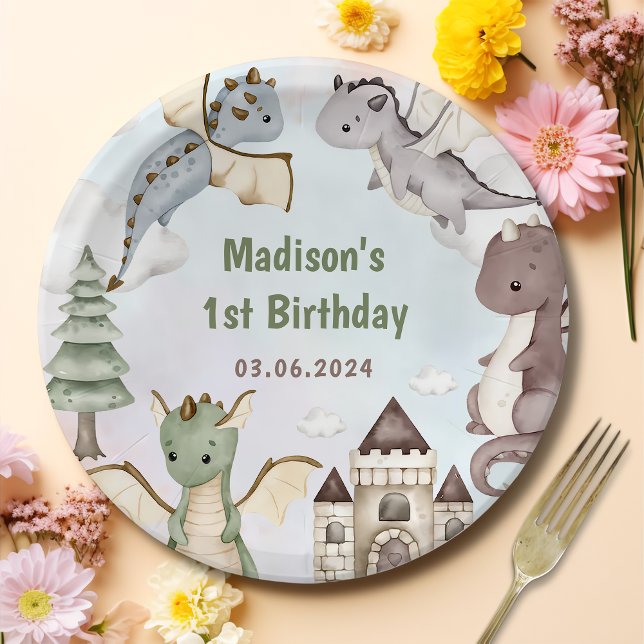 Watercolor Cute Dragon Birthday Paper Plates (Creator Uploaded)