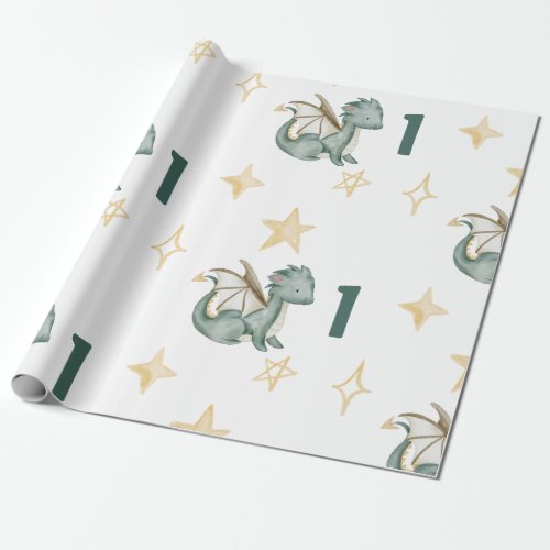 watercolor cute dragon birthday wrapping paper