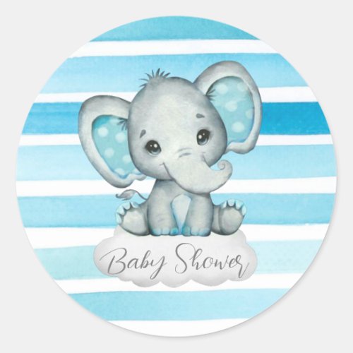 Watercolor Cute Elephant and Stripes Baby Shower Classic Round Sticker