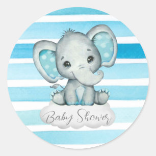Watercolor Cute Elephant and Stripes Baby Shower Classic Round Sticker