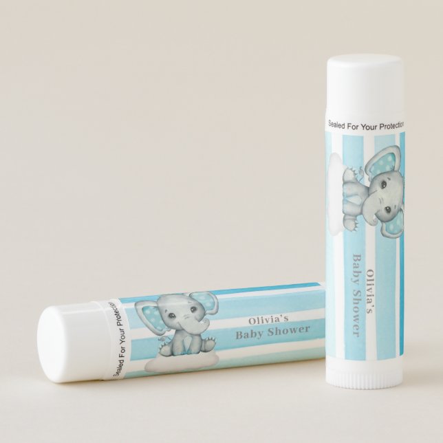 Watercolor Cute Elephant and Stripes Baby Shower Lip Balm (Front)