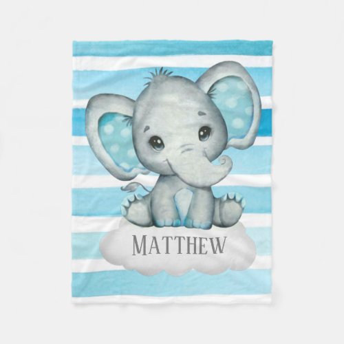 Watercolor Cute Elephant and Stripes Custom Fleece Blanket