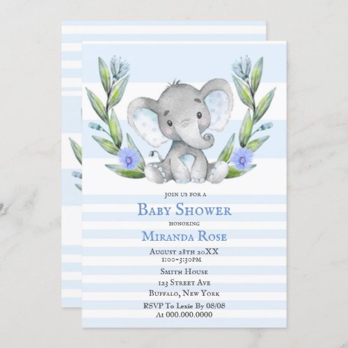 Watercolor Cute Elephant Boy Baby Shower Invites
