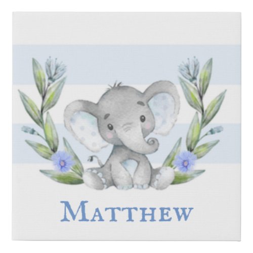 Watercolor Cute Elephant Boy Personalized  Faux Ca Faux Canvas Print