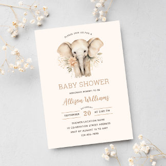 Watercolor Cute Elephant Floral Girl Baby Shower Invitation