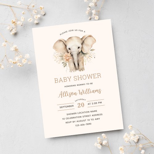 Watercolor Cute Elephant Floral Girl Baby Shower  Invitation