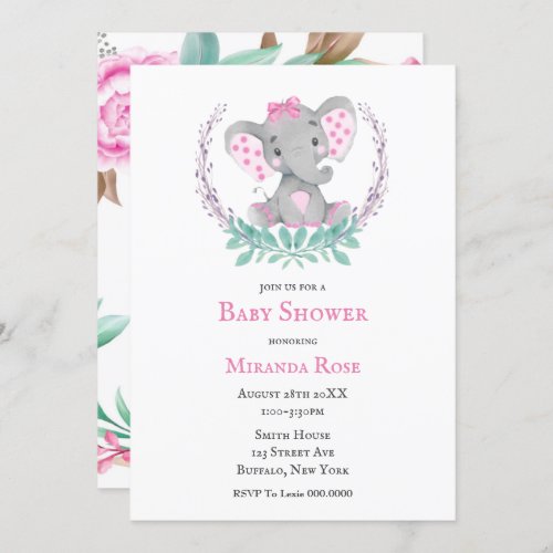 Watercolor Cute Elephant Girl Baby Shower Invites