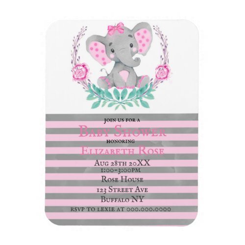 Watercolor Cute Elephant Girl Baby Shower Invites Magnet