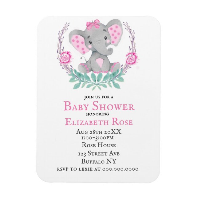 Watercolor Cute Elephant Girl Baby Shower Invites Magnet (Vertical)