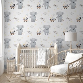 Watercolor Cute Elephant Moon Clouds Ship Nursery