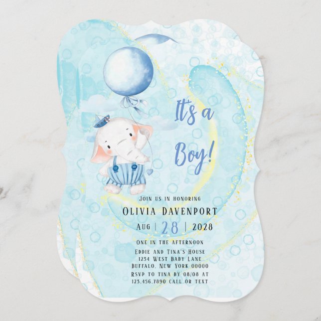Watercolor Cute Elephant Nautical Boy Baby Shower Invitation (Front/Back)