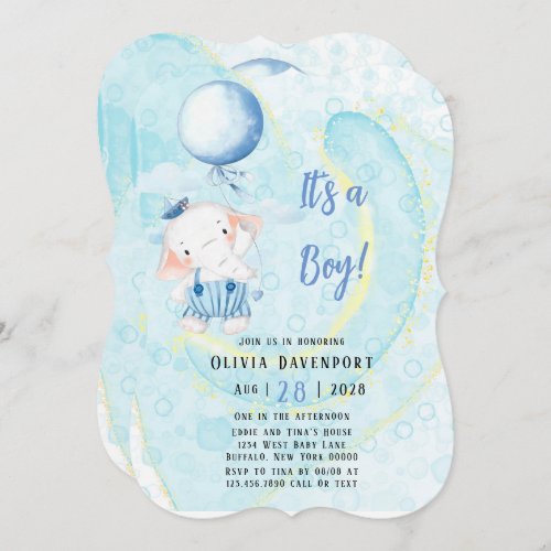 Watercolor Cute Elephant Nautical Boy Baby Shower Invitation