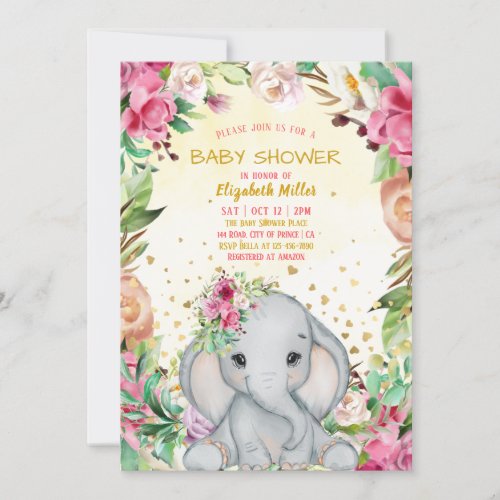 Watercolor Cute Elephant Pink Flowers Baby Shower Invitation