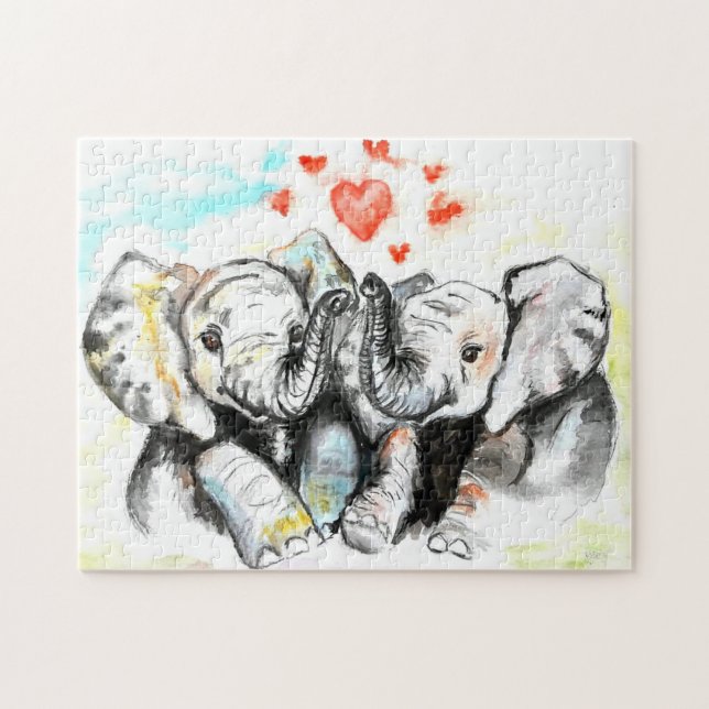 Watercolor - Cute Elephants - Romantic Hearts Jigsaw Puzzle (Horizontal)