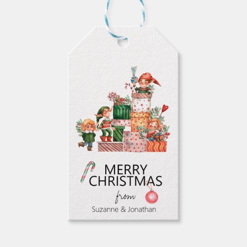 Watercolor Cute Elf with Gifts Colorful Gift Tags