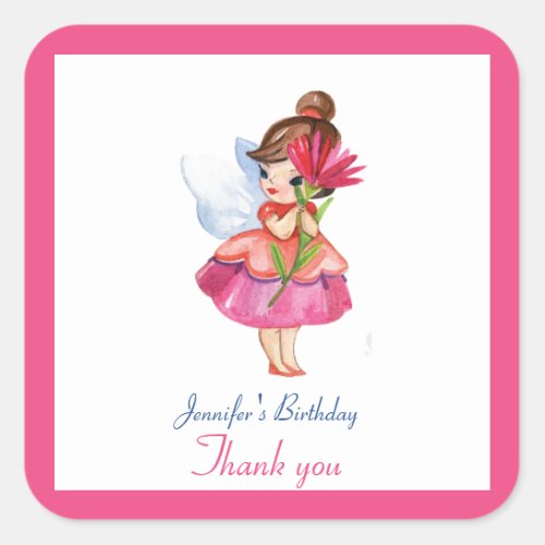 Watercolor CUTE Fairy FLOWER Princess Birthday Square Sticker