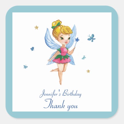 Watercolor CUTE Fairy Princess Butterfly Birthday Square Sticker