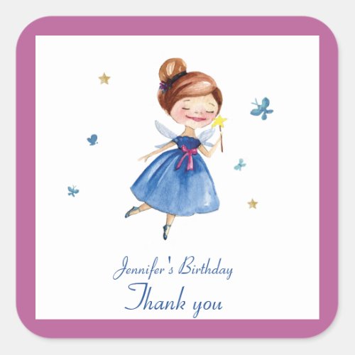 Watercolor CUTE Fairy Princess Butterfly Birthday Square Sticker