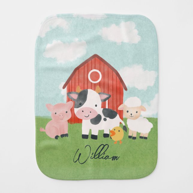 Watercolor Cute Farm Animal Barnyard Boys Baby Burp Cloth (Front)