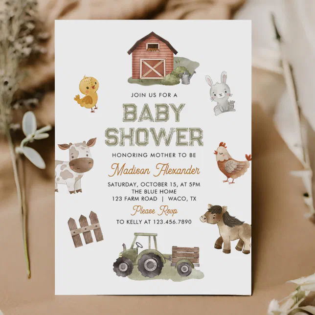 Watercolor Cute Farm Animals Barnyard Baby Shower Invitation | Zazzle