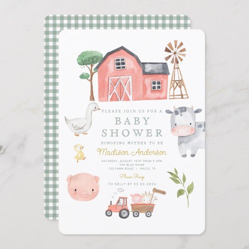 Watercolor Cute Farm Animals Barnyard Baby Shower  Invitation