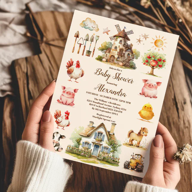 Watercolor Cute Farm Animals Barnyard Baby Shower Invitation | Zazzle