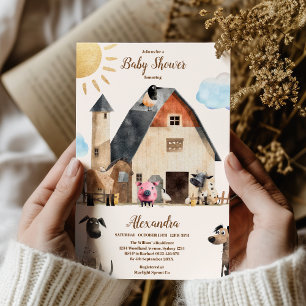 Watercolor Cute Farm Animals Barnyard Baby Shower Invitation
