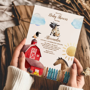 Watercolor Cute Farm Animals Barnyard Baby Shower Invitation