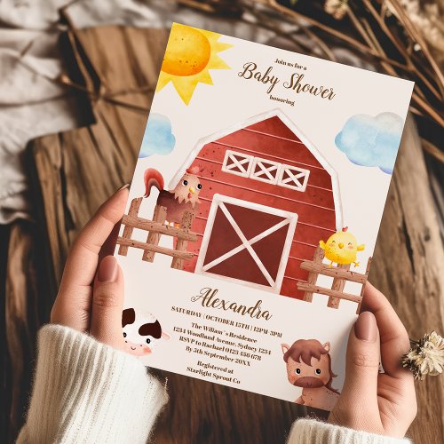 Watercolor Cute Farm Animals Barnyard Baby Shower Invitation