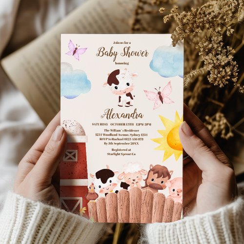 Watercolor Cute Farm Animals Barnyard Baby Shower Invitation