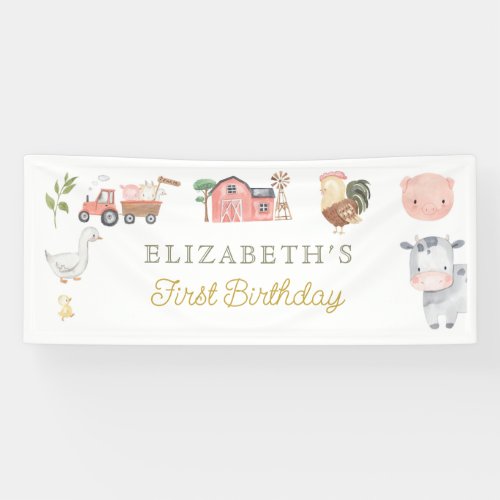 Watercolor Cute Farm Animals Barnyard Birthday Banner