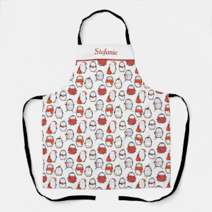 Watercolor Cute Festive Penguins Pattern Holiday Apron