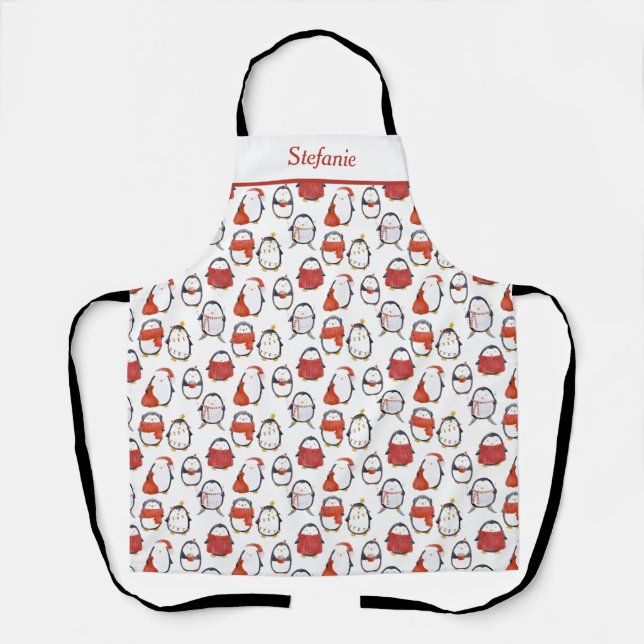 Watercolor Cute Festive Penguins Pattern Holiday Apron (Front)