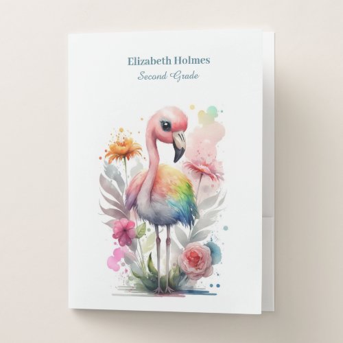 Watercolor Cute Flamingo with Flowers Pocket Folder