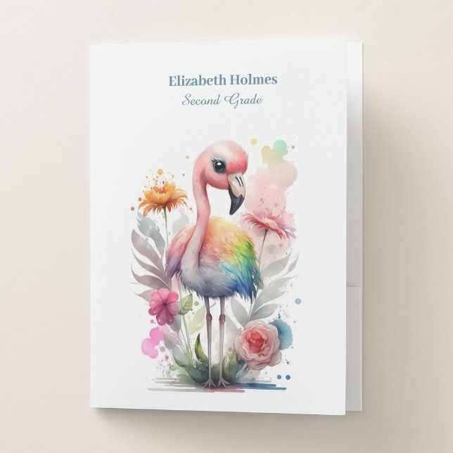 Watercolor Cute Flamingo with Flowers Pocket Folder (Front)