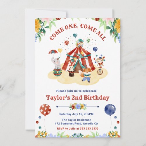 Watercolor Cute Floral Circus Carnival Birthday Invitation