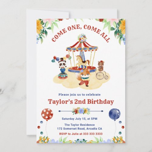 Watercolor Cute Floral Circus Carnival Birthday Invitation