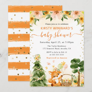 Watercolor Cute Floral Fox Baby Shower Invitation