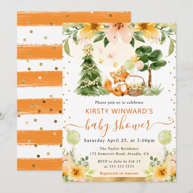Watercolor Cute Floral Fox Baby Shower Invitation (Front/Back)