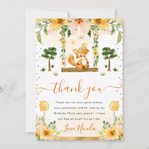 Watercolor Cute Floral Fox Birthday Thank You Card