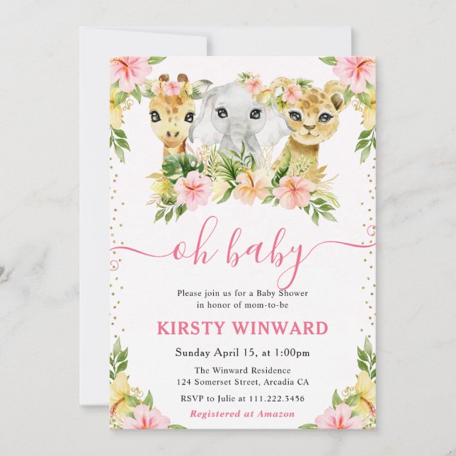 Watercolor Cute Floral Jungle Animals Baby Shower Invitation (Front)