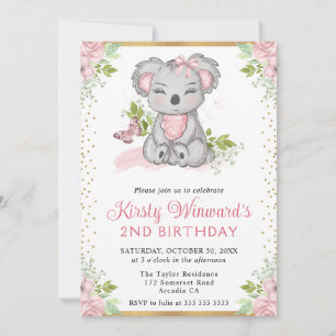 Watercolor Cute Floral Koala Girl 2nd Birthday Invitation