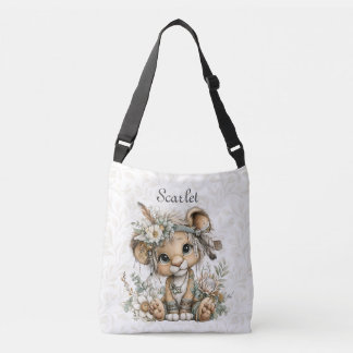 Watercolor Cute Floral Lion Crossbody Bag