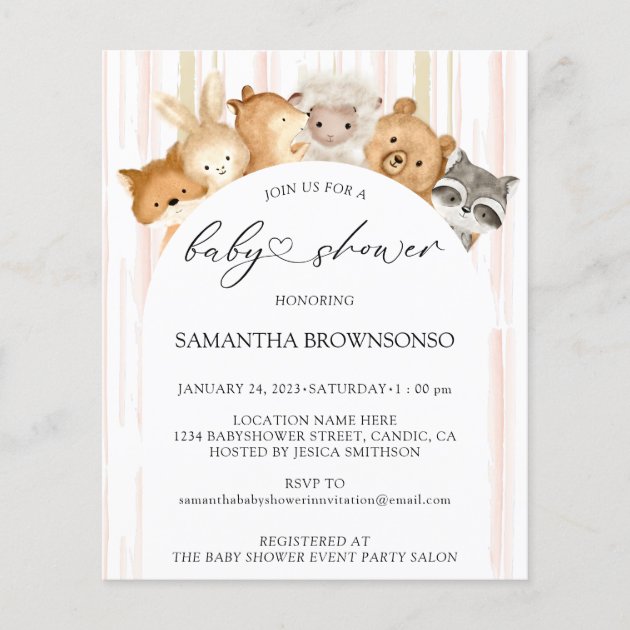 Watercolor Cute Forest Animals Baby Shower Budget Flyer