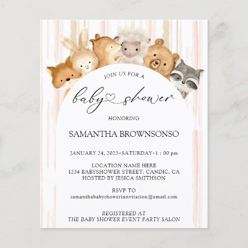 Watercolor Cute Forest Animals Baby Shower Budget Flyer